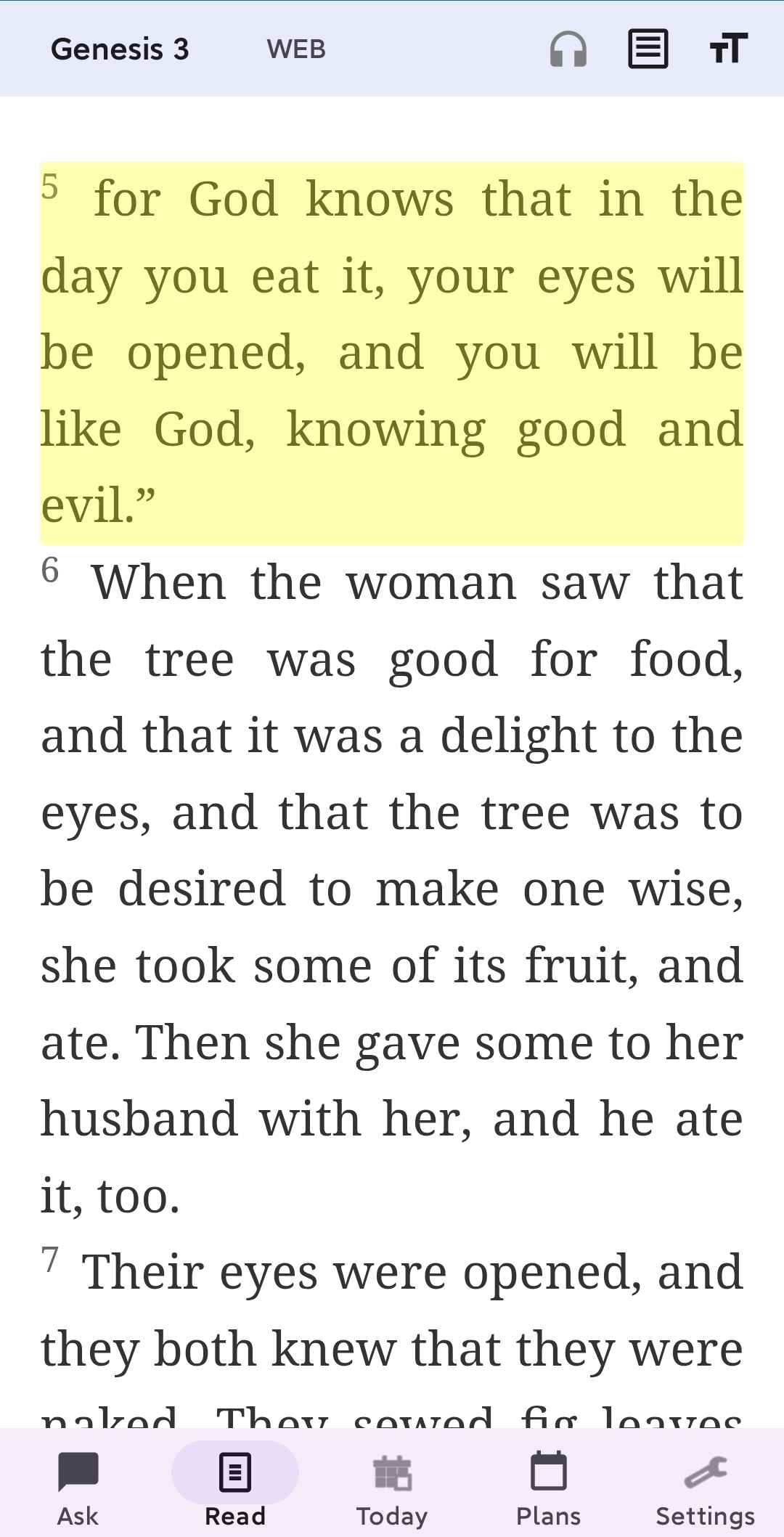 Bible Reader - Genesis 3 with verse highlighting