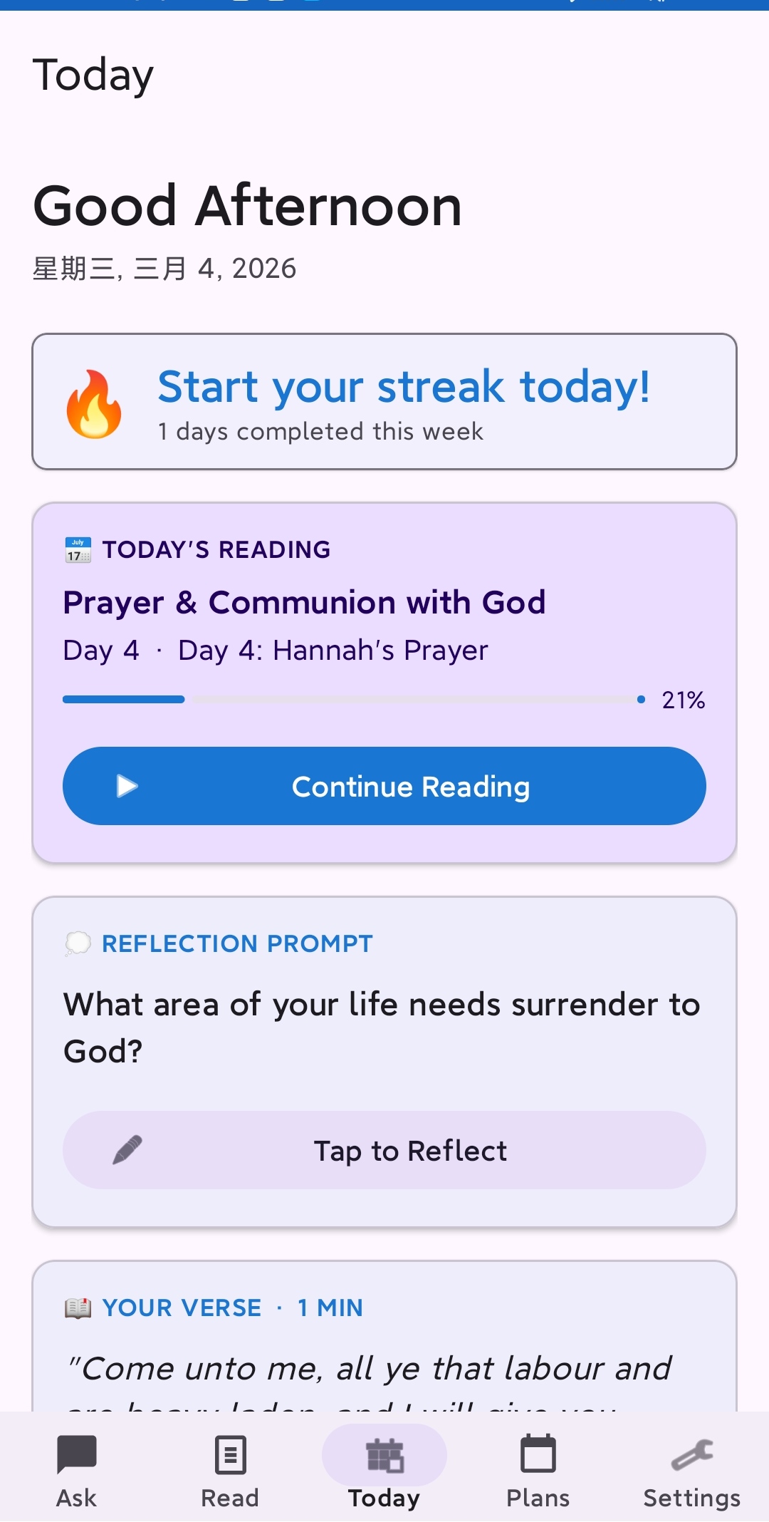 Today Tab - Daily Spiritual Dashboard